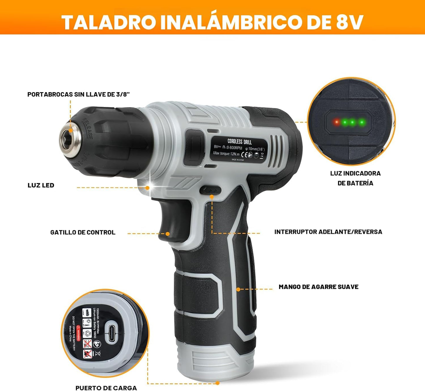 Set 180 Pzas Caja Herramientas Taladro Inalámbrico 8V