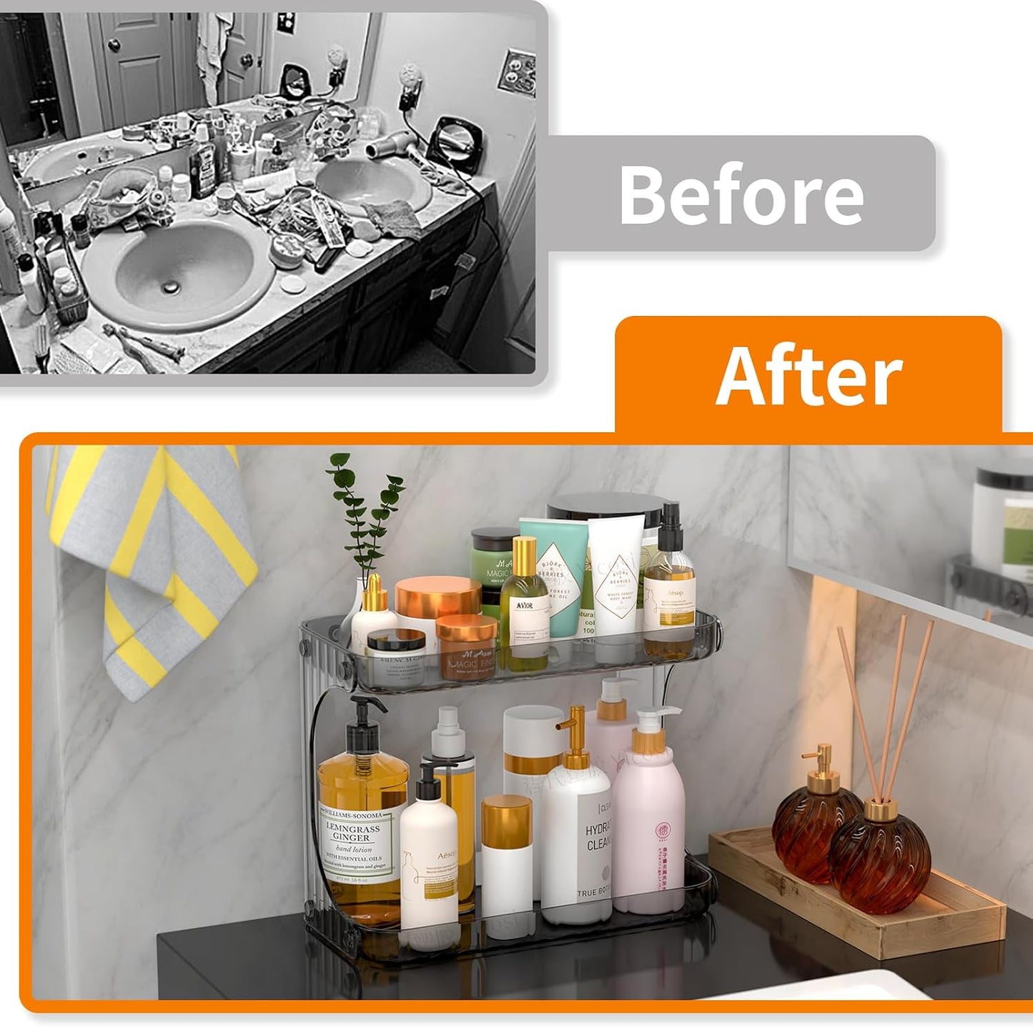 Organiz. baño 2 niveles para cosméticos y maquillaje gris