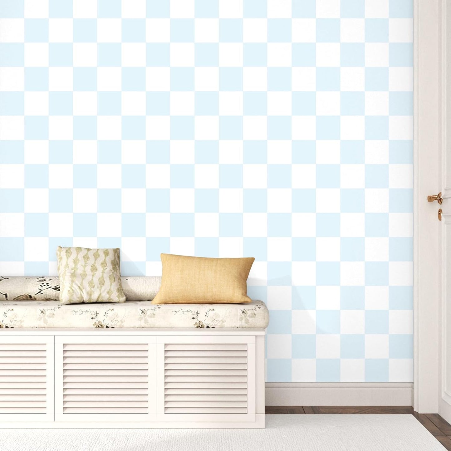 Papel tapiz geométrico azul y blanco para niños y lavandería