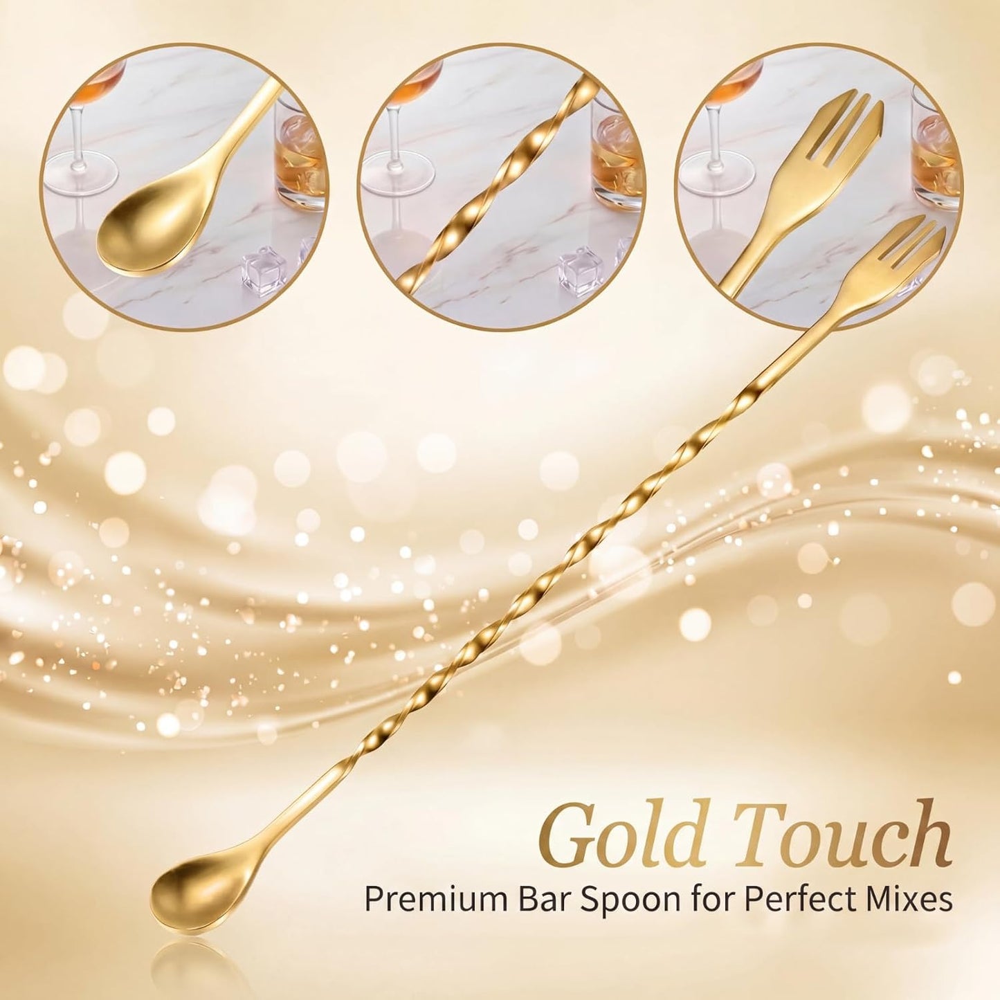 8 Pzas Cuchara Bar Cóctel Acero Inox 25cm Dorado