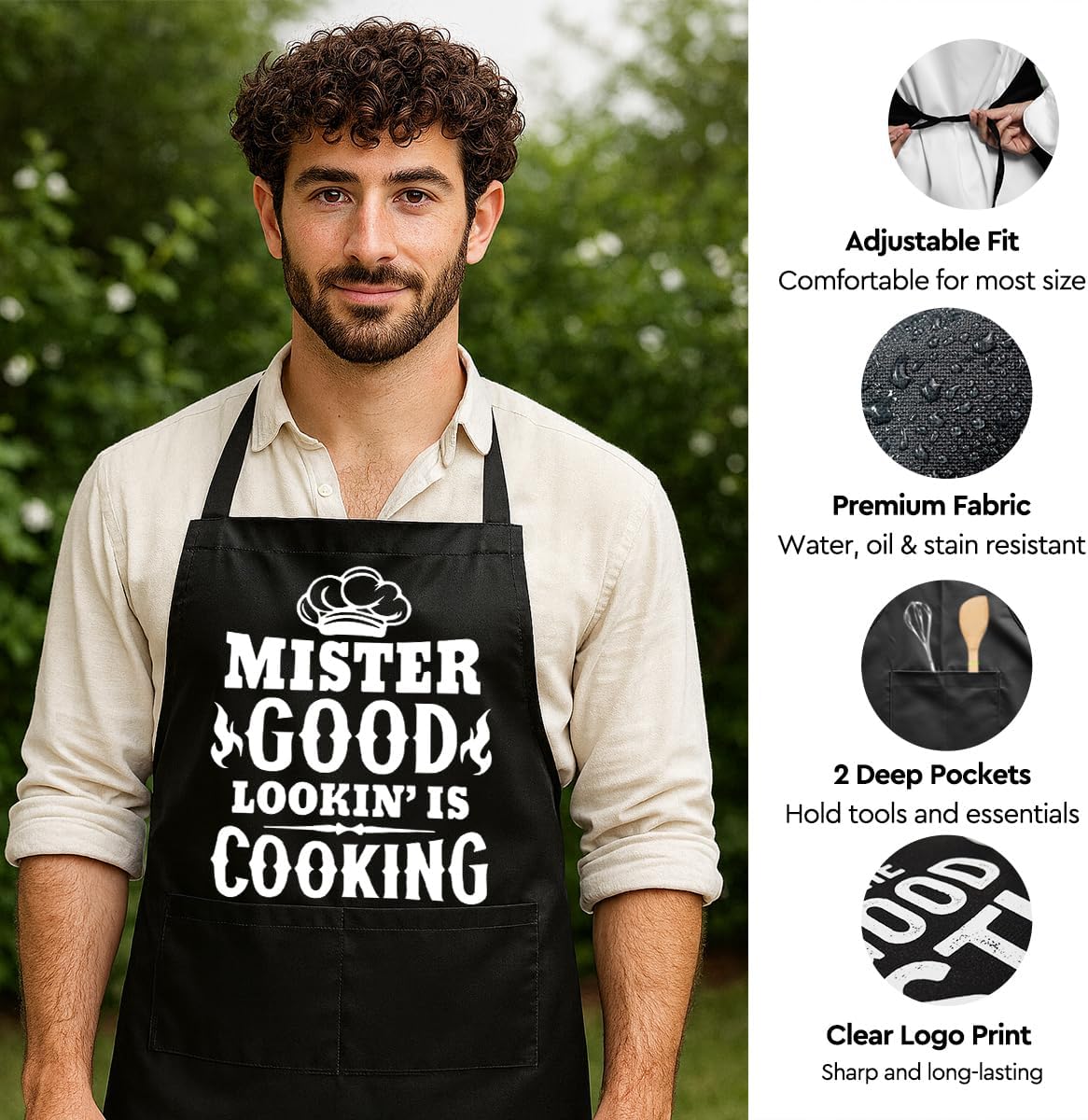 Delantal cocina negro con bolsillos para hombre chef