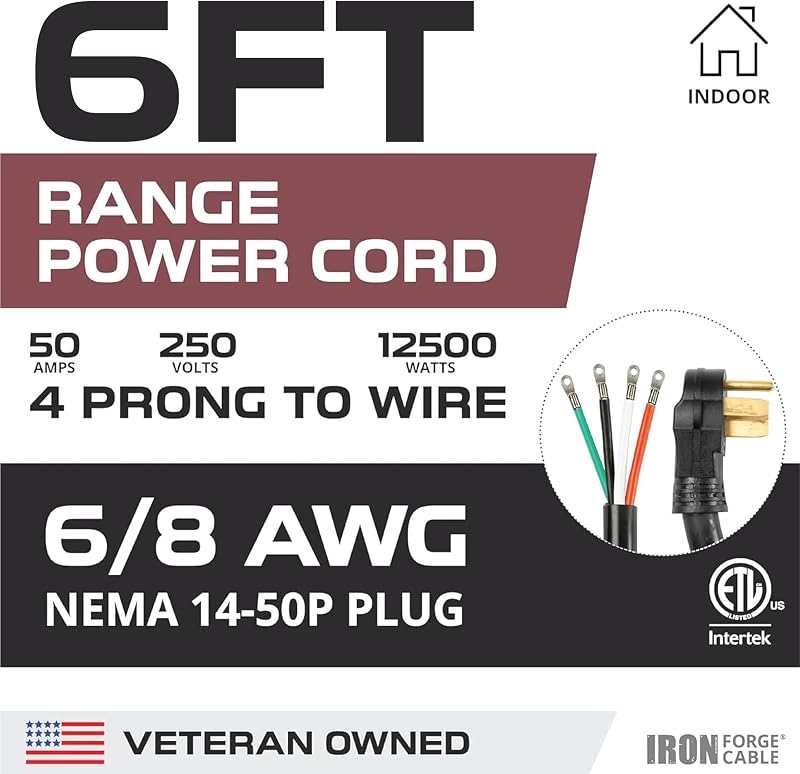 Cable STW 6/8 AWG NEMA 14-50 50A extremo abierto para cocina