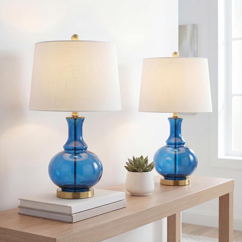 2 Lámparas Mesa Cristal Azul Cobalto Latón 25pulg