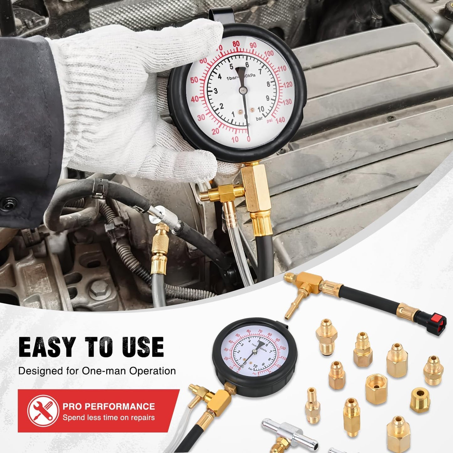Kit probador presión combustible 0-140 PSI con adaptadores