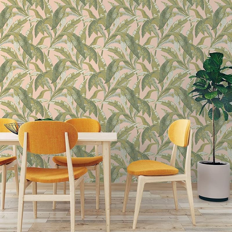 Papel tapiz tropical hoja plátano rosa 20.5x16.5ft