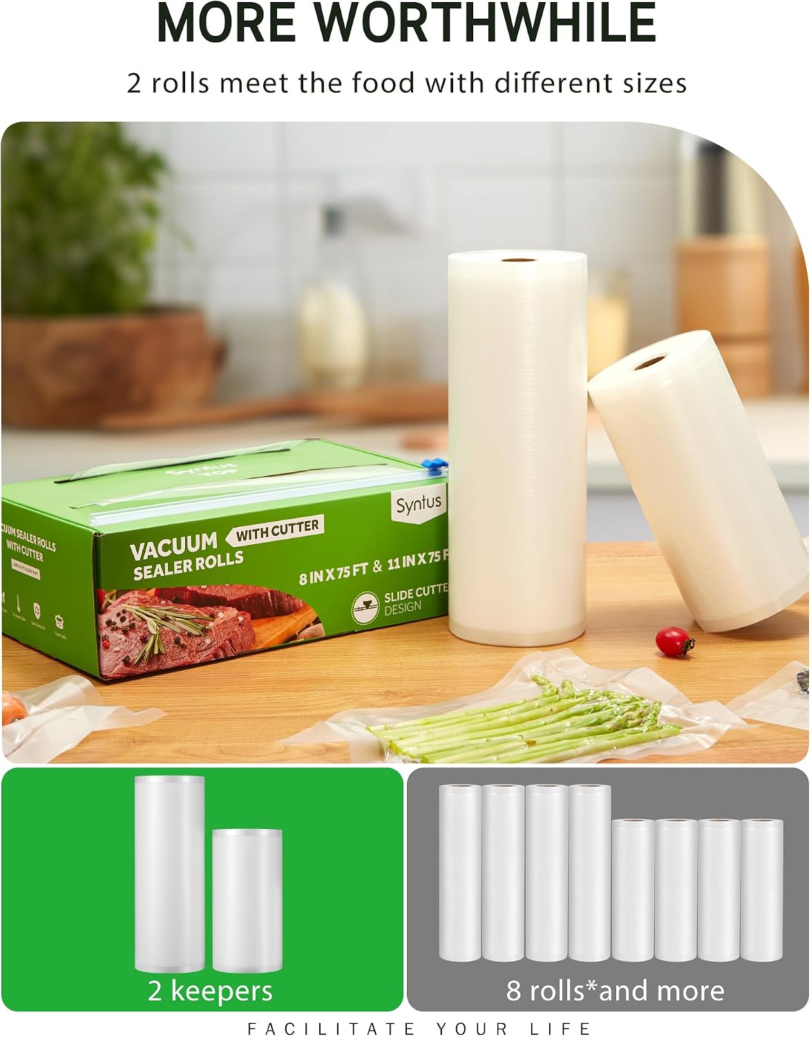Rollos sellado vacío alimentos 11x75 y 8x75 con dispensador