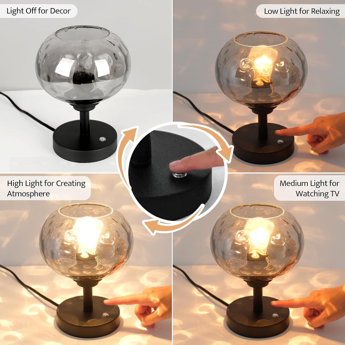 Lámpara mesa vidrio martillado control táctil negro