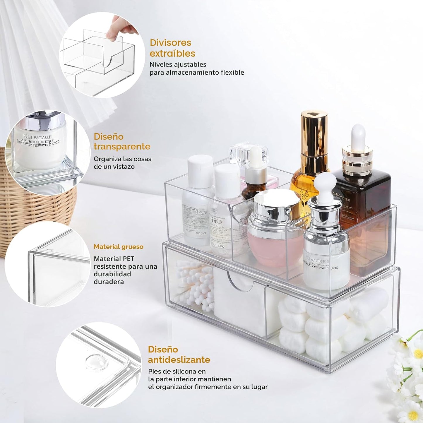 2 Organiz. Botiquín Apilables con Divisor Maquillaje