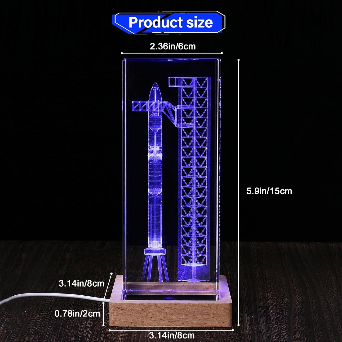 Lámpara cristal cohete 3D luz nocturna regalo espacio