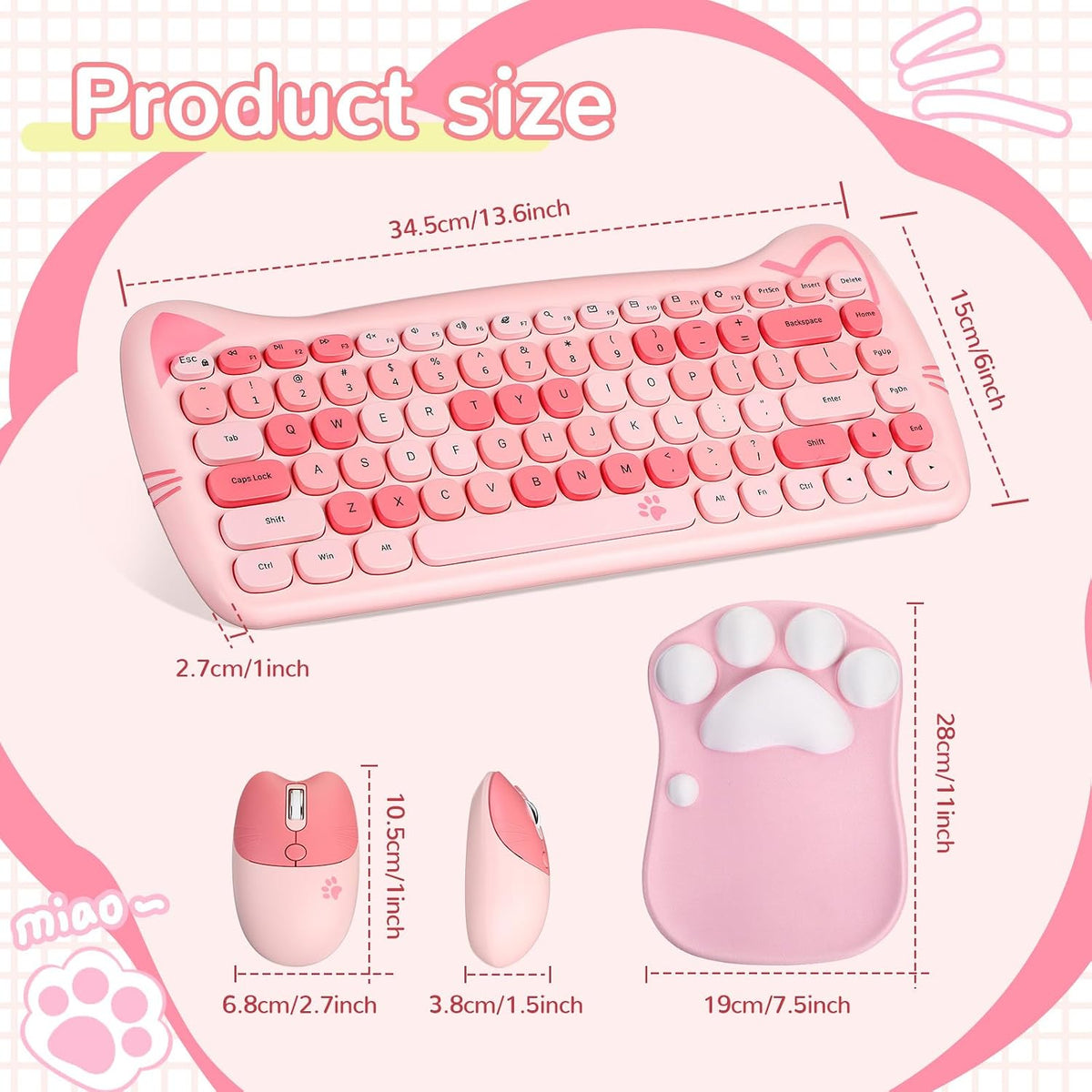 Set 3 teclado mouse gato inalámbrico USB 84 teclas