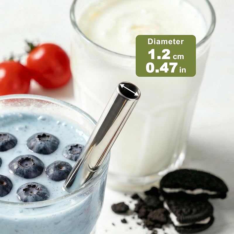 6 Pzas Pajitas Acero Inox Anchas 0.47pulg con Cepillos Batidos