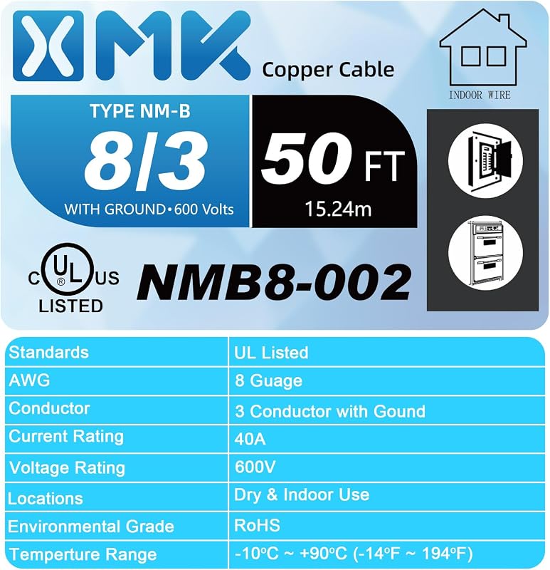 Cable NM-B 8/3 50 ft 3 conductores cobre forro no metálico