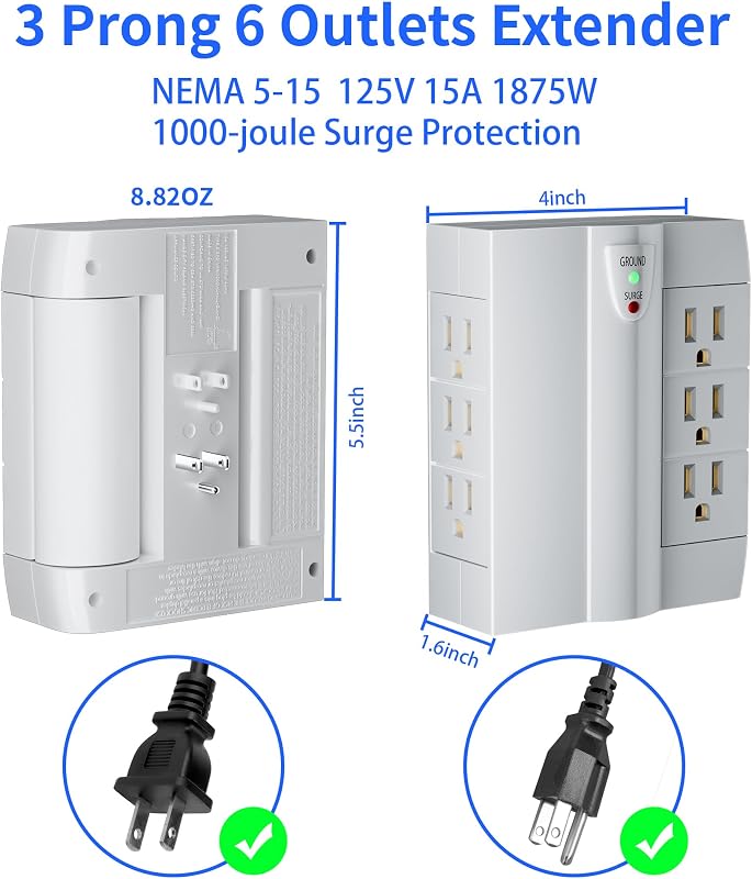 Extensor 6 tomas giratorio 1000J/125V ETL-blanco