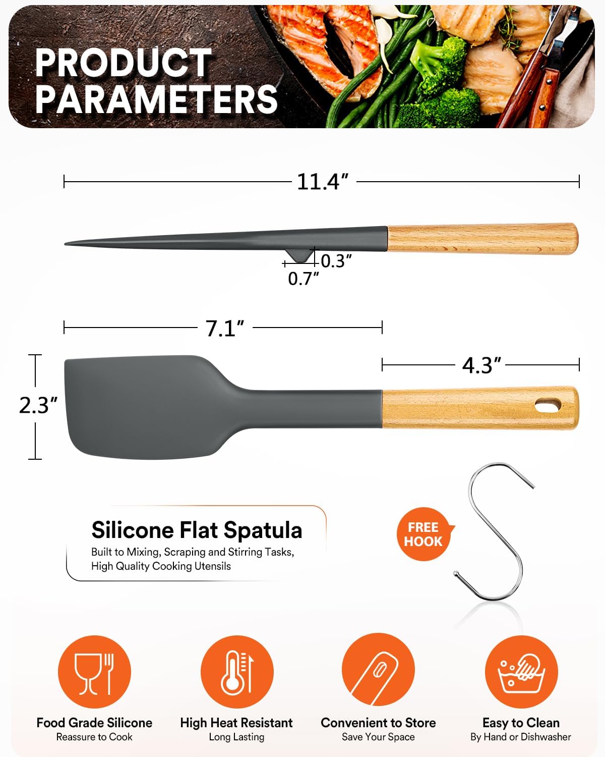 Espátula silicona antiadherente mango madera gris