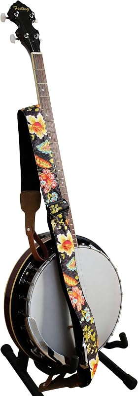 Correa banjo cuero genuino con taquilla floral rústica