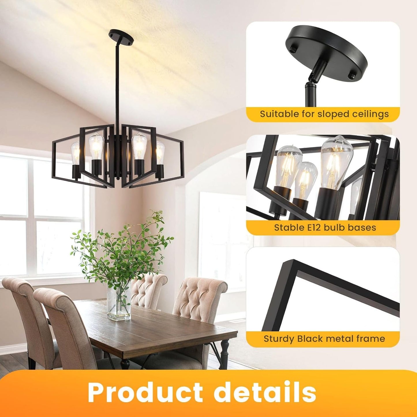 Candelabro negro 4 luces estilo granja para comedor isla