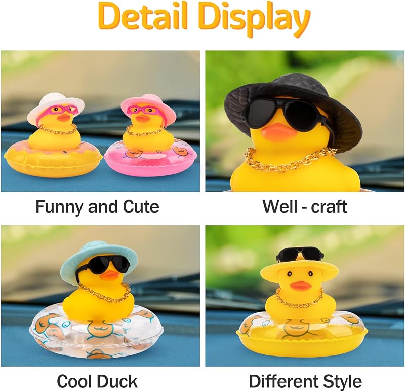 Adorno pato goma para tablero auto con collar y gafas