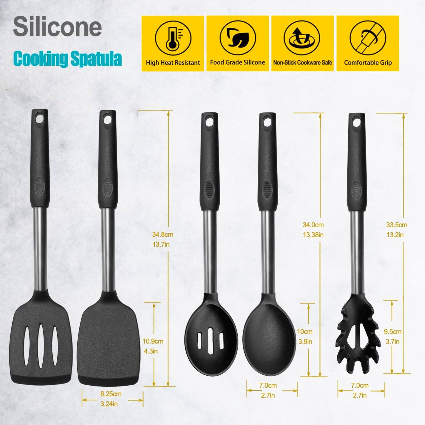 Set 5 Utensilios Cocina Silicona Antiadherente Mango Acero Inox