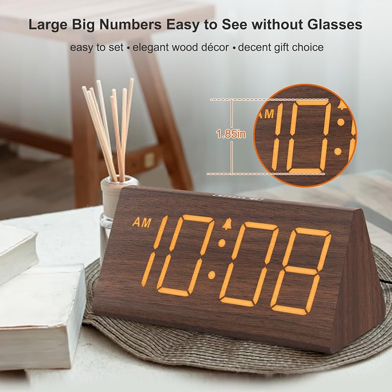 Reloj despertador madera con números grandes USB para dormitorio