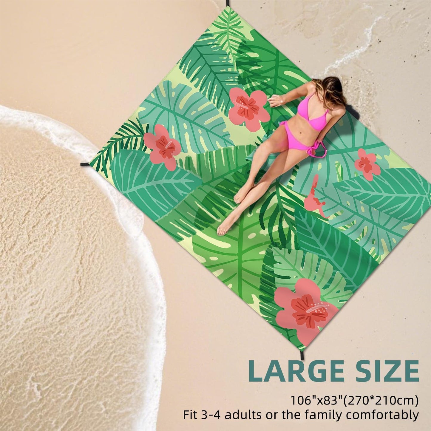 Manta playa impermeable 83x106" 4 estacas 4 bolsillos verde