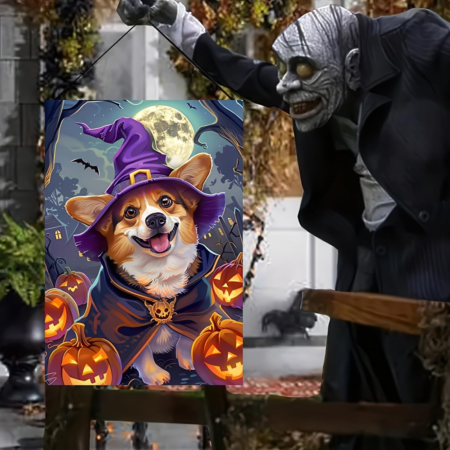 Banderas Halloween doble cara 12x18pulg corgi bruja jardín
