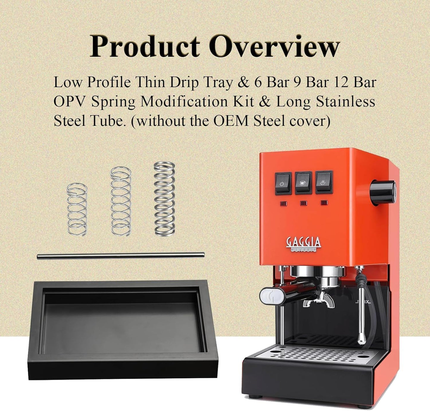 Bandeja de goteo delgada perfil bajo 6-12 bares kit modificacion resorte OPV tubo acero inoxidable compatible maquina cafe