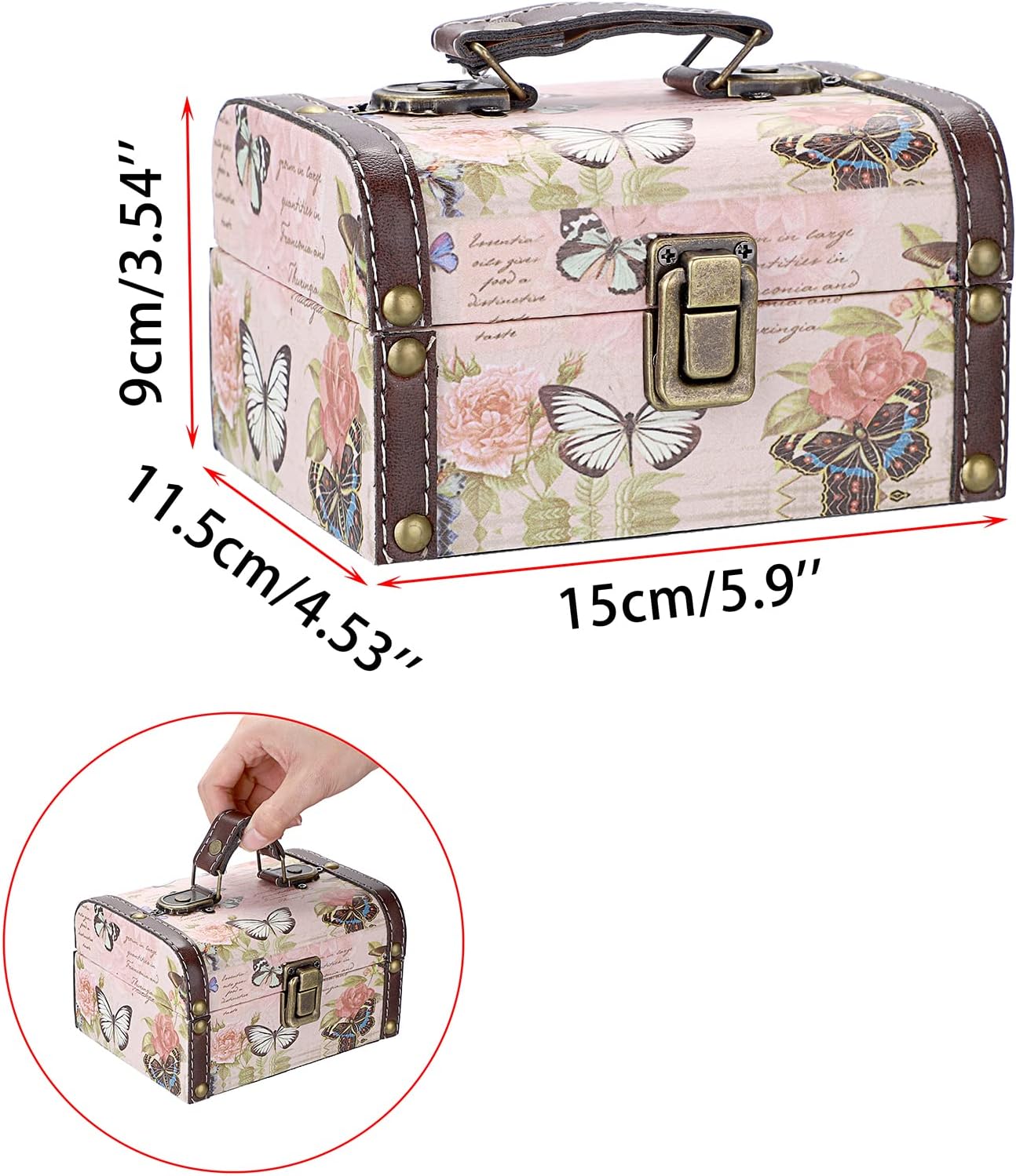 Caja decorativa madera cuero patrón mariposa para joyas