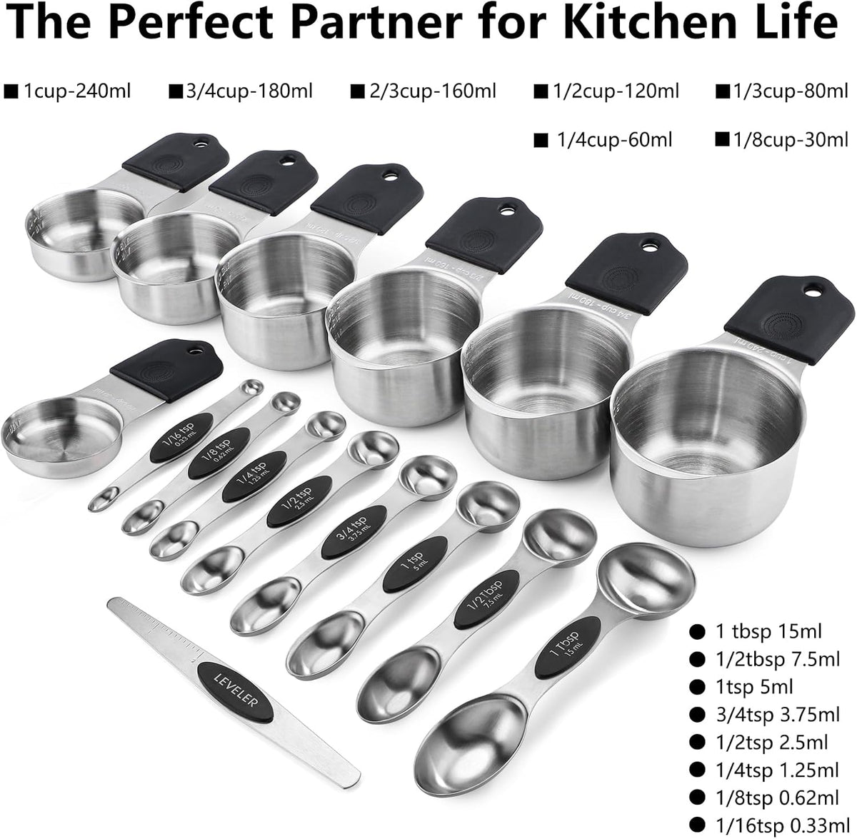 Set 7 Tazas y 8 Cucharas Medidoras Magnéticas Acero Inox