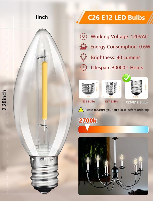 25 Pack Bombillas LED C7 E12 Blanco Suave Regulables Velas Ventana