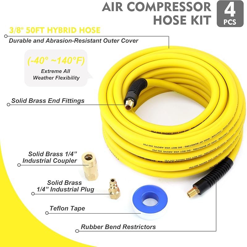 Manguera compresor aire 3/8x50pulg flexible latón 1/4 amarillo