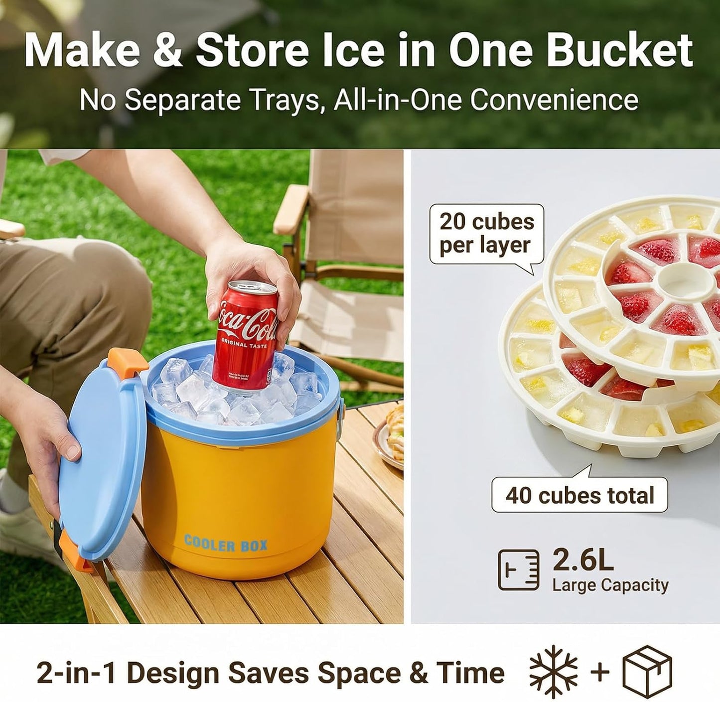 Bolsa de hielo 2 en 1 con cubos y bandeja de plástico