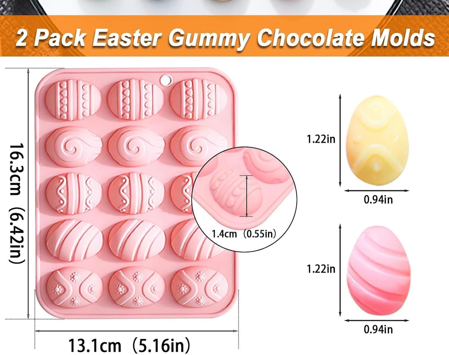 Moldes de silicona para huevos pequeños de Pascua con 5 patrones y 15 cavidades, paquete de 2