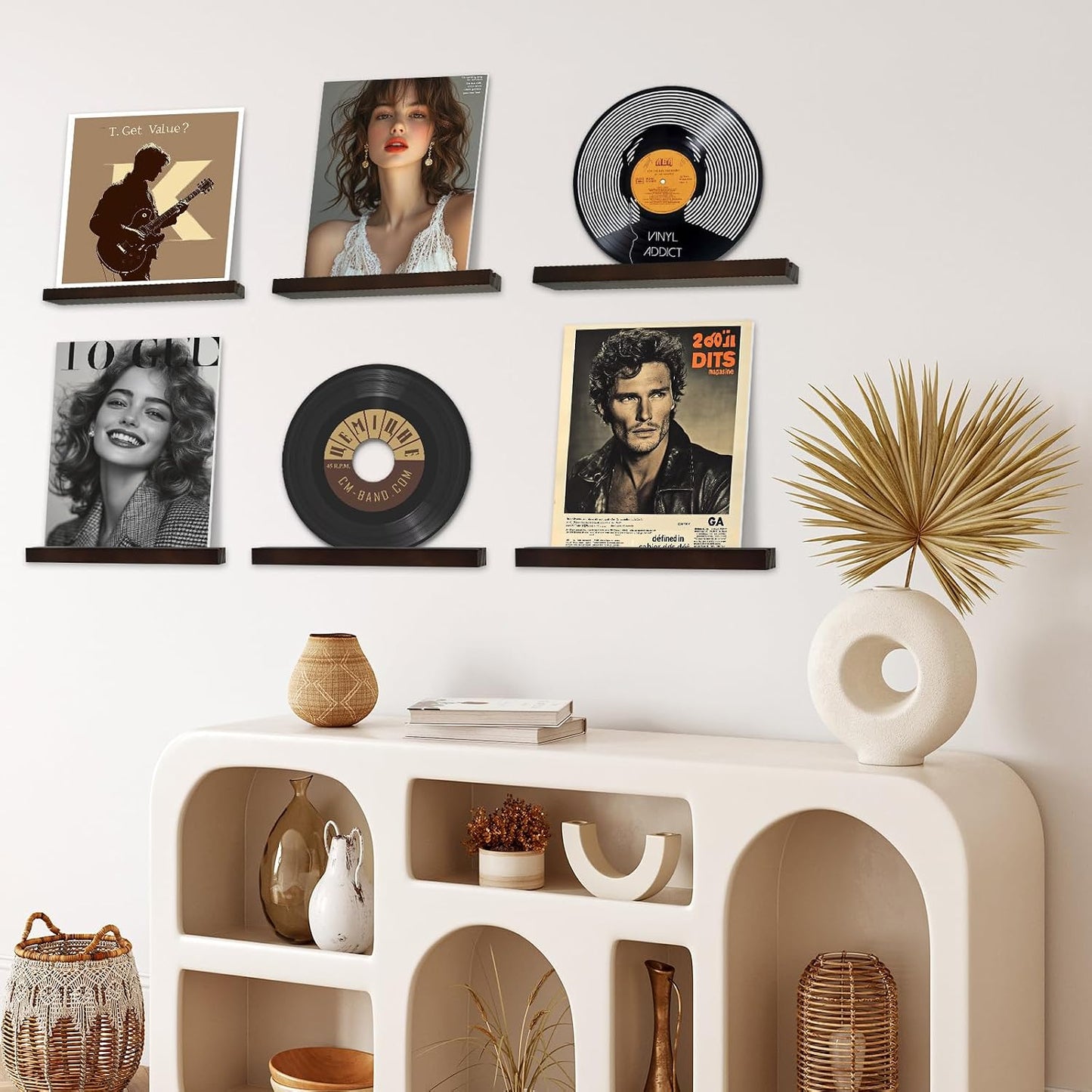 6 Soportes Madera Discos Vinilo Acabado Nogal Pared
