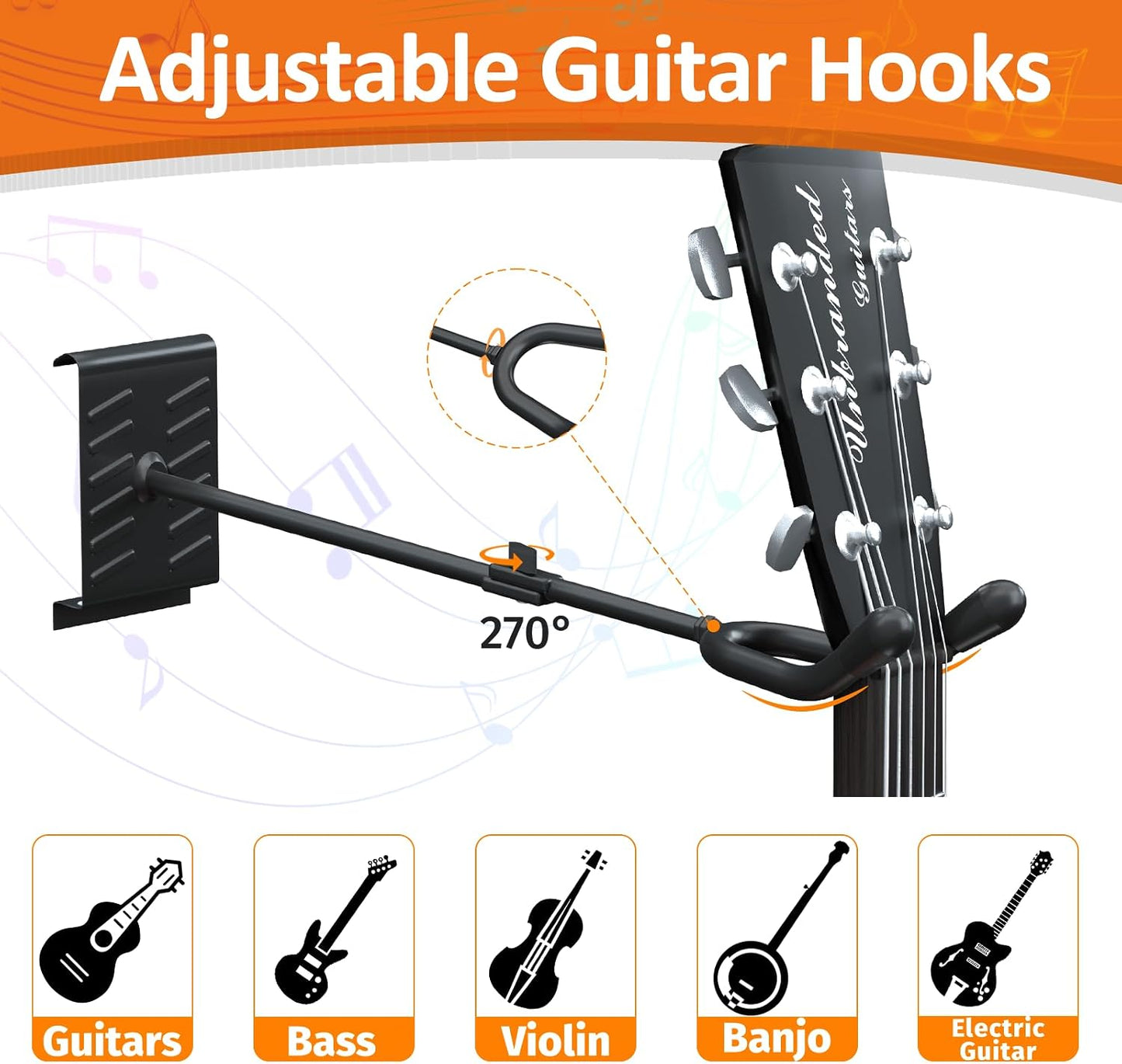 Soporte pared guitarra madera 6 ganchos ajustables 48pulg