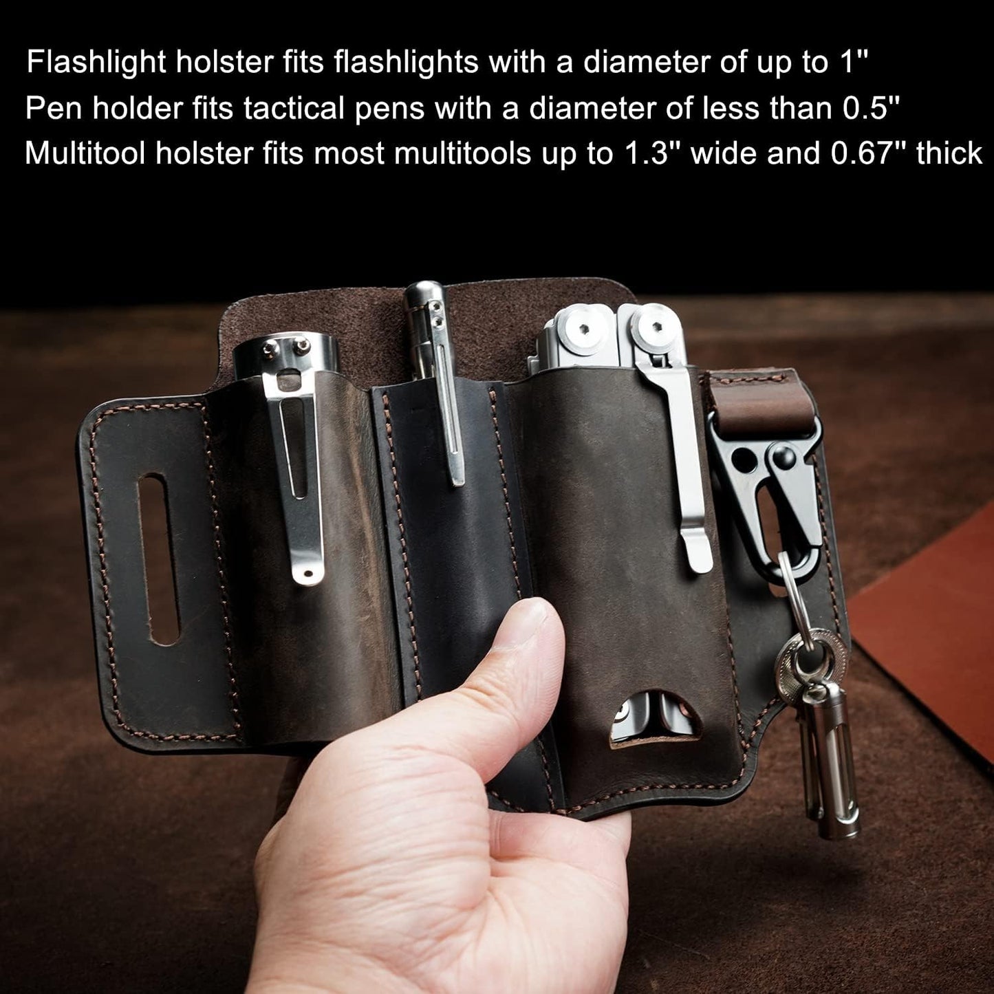 Funda cuero EDC multiherramienta linterna cinturón marrón