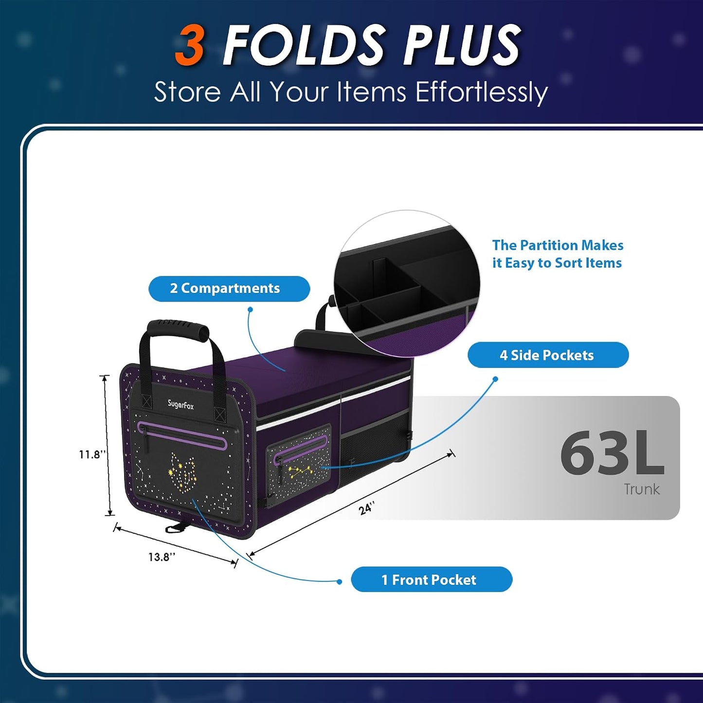 Organiz. maletero SUV 63L plegable impermeable púrpura