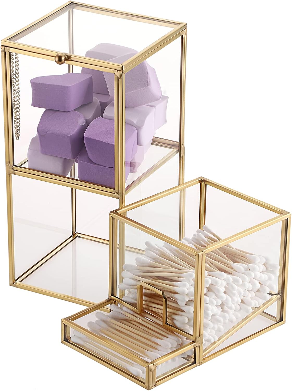Soporte Qtip vidrio dorado con tapa 2 compartimentos