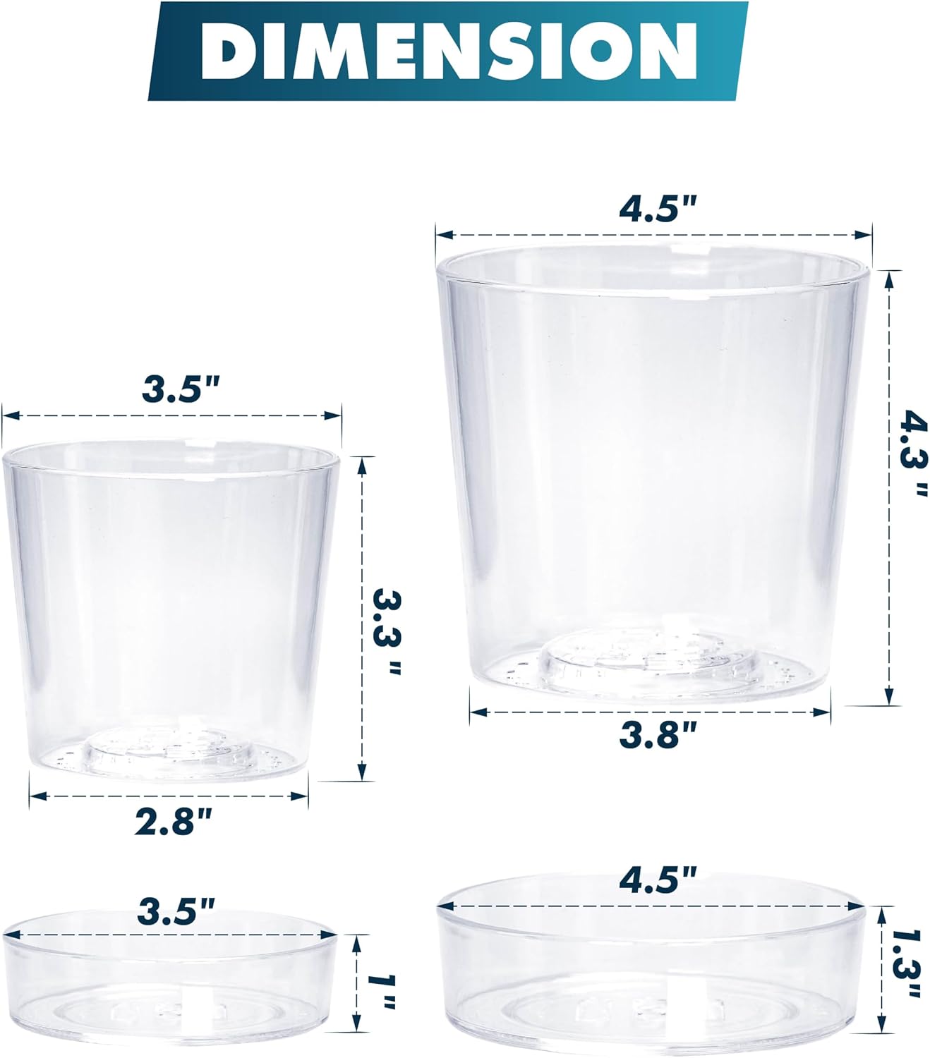 Maceta acrílico transparente 3.5x4.5" con bandeja drenaje