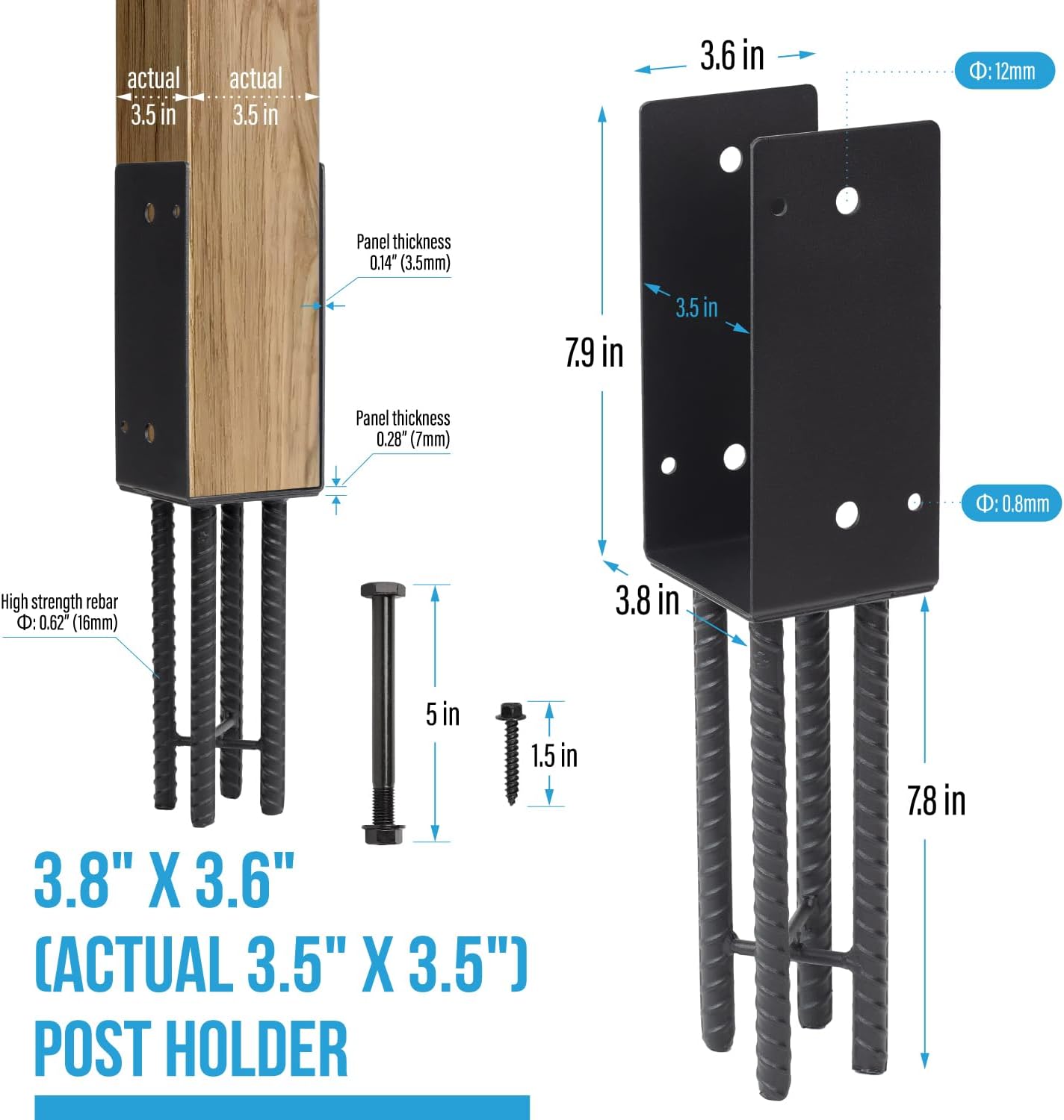 Soporte poste U metal 4x4pulg para valla madera negro