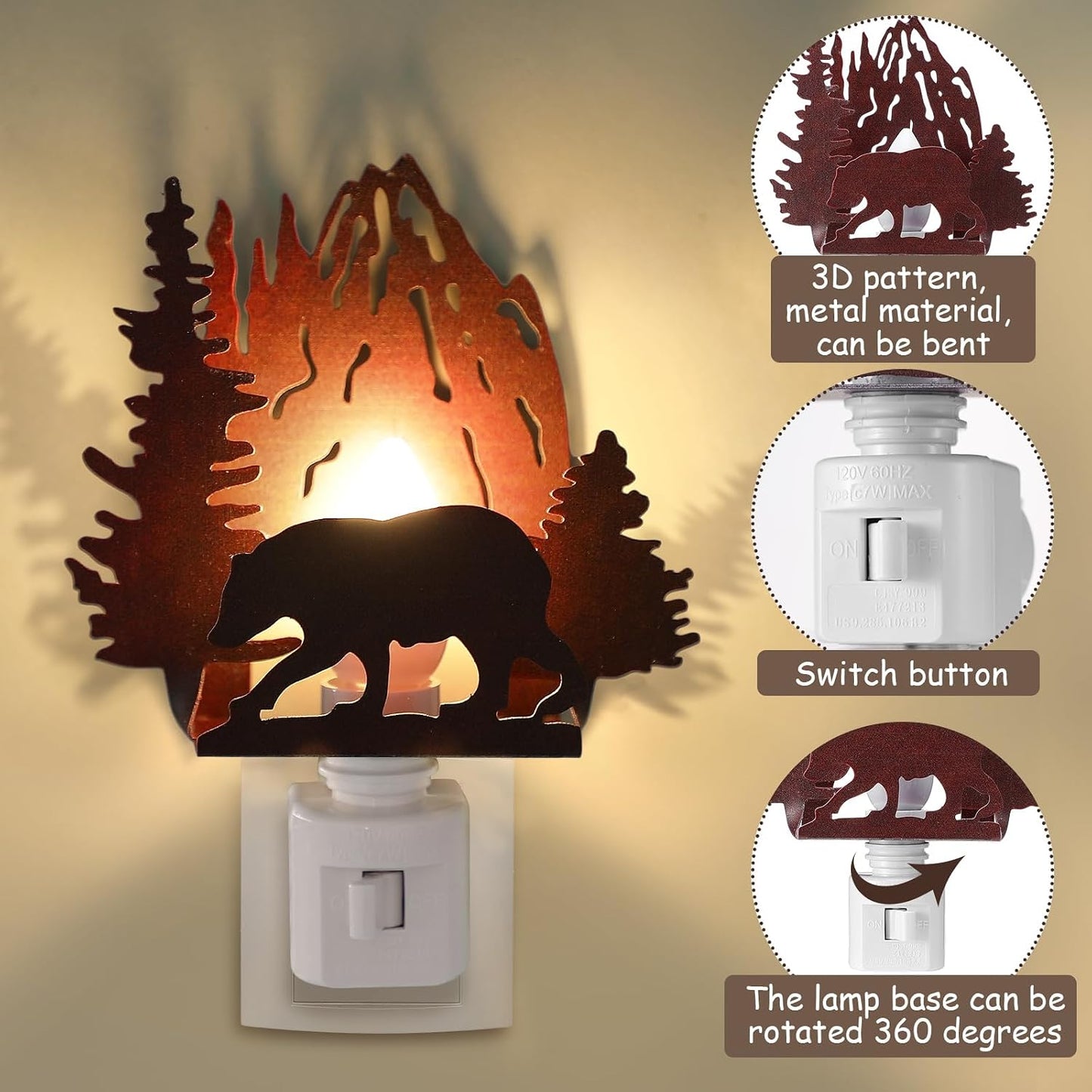 Luz nocturna de oso de metal vintage para cabaña dormitorio