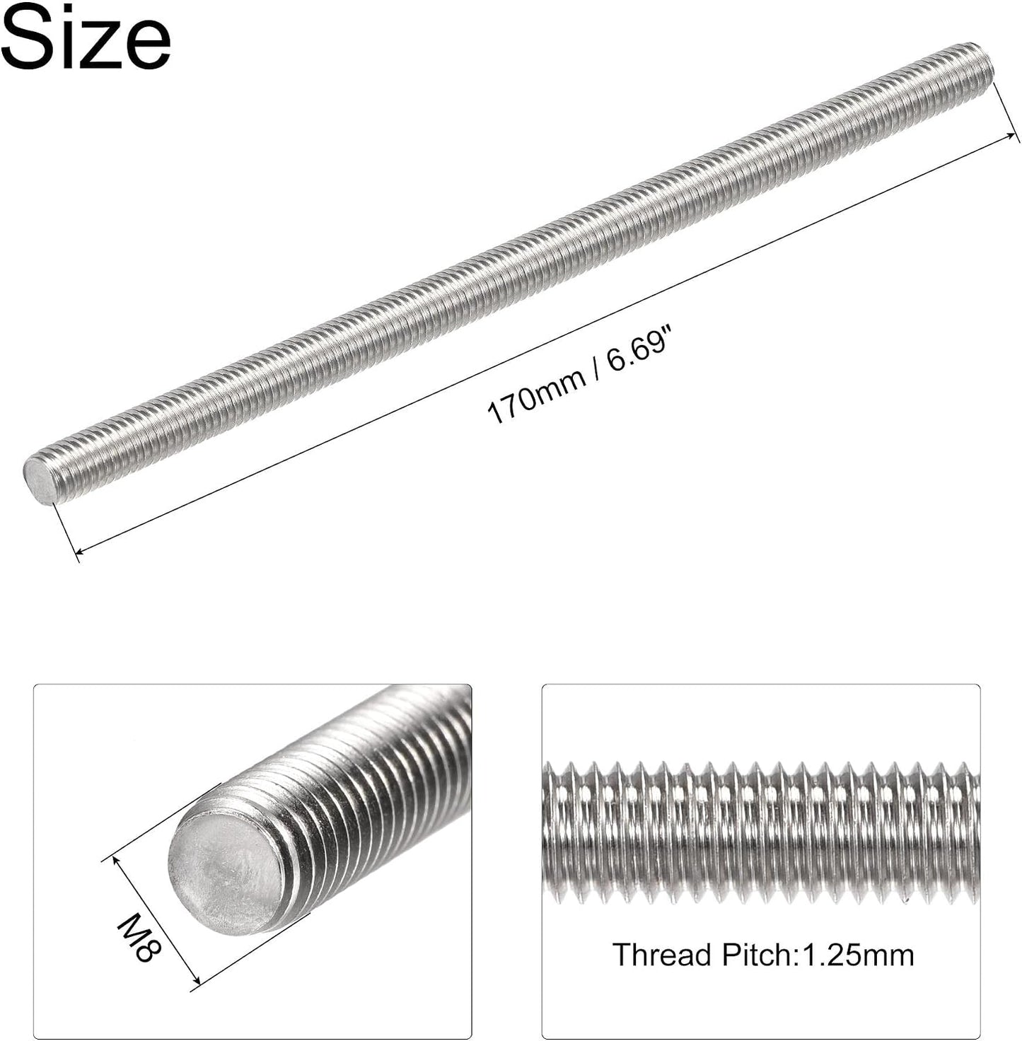 6 Pzas Varilla M8 x 6.693pulg acero inox 304 rosca derecha