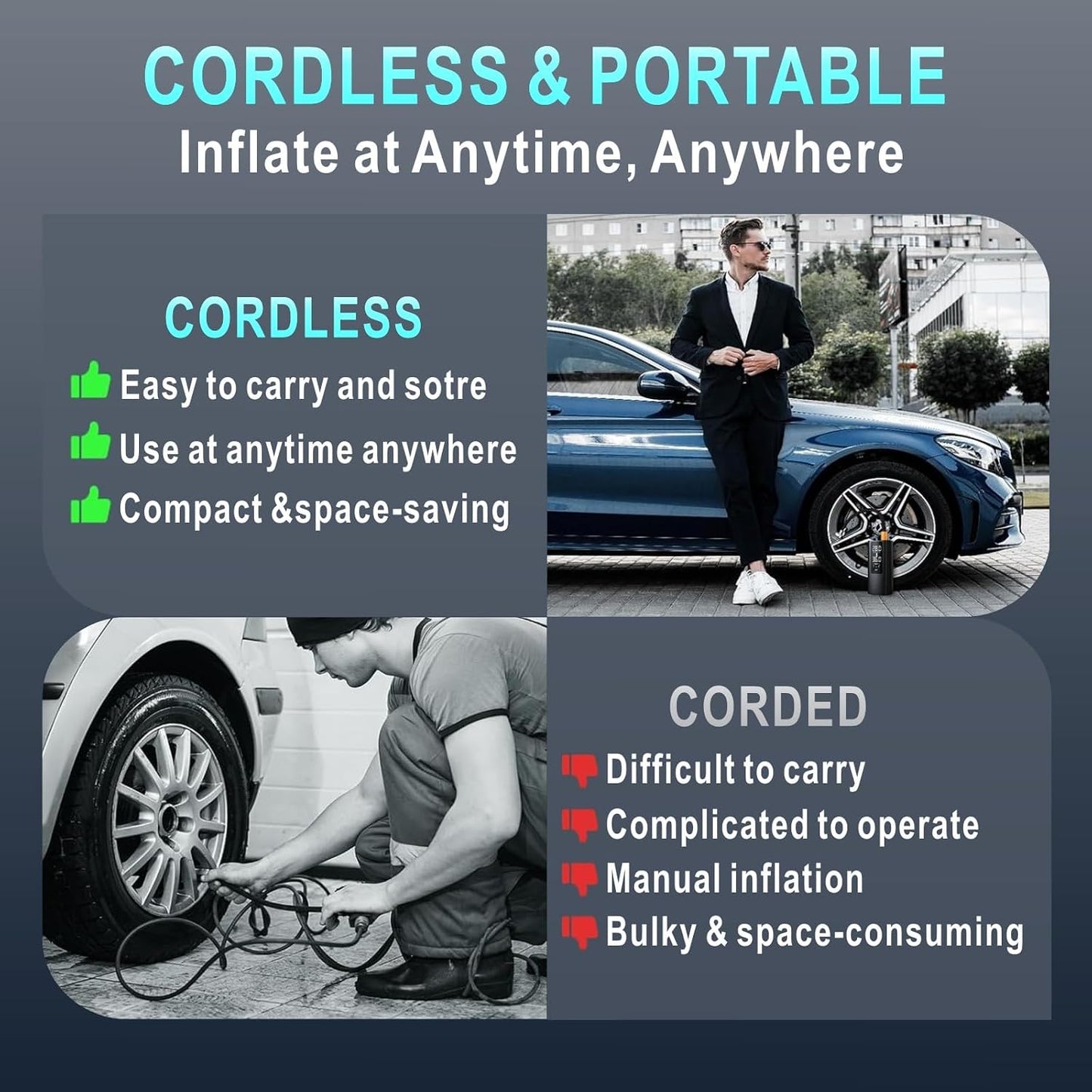Compresor aire portátil inflador neumáticos 3x más rápido