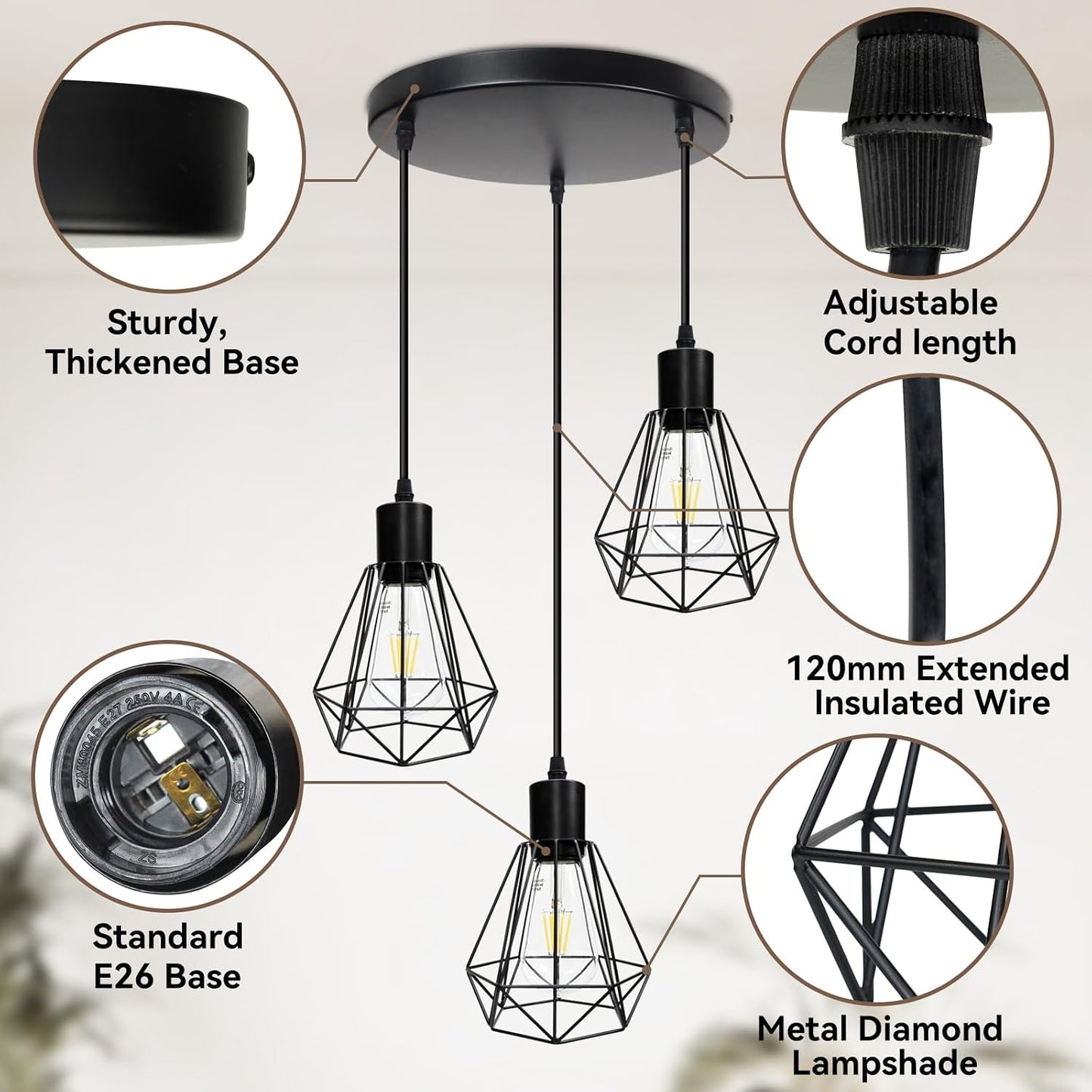 Lámpara colgante 3 luces estilo granja E26 para cocina comedor