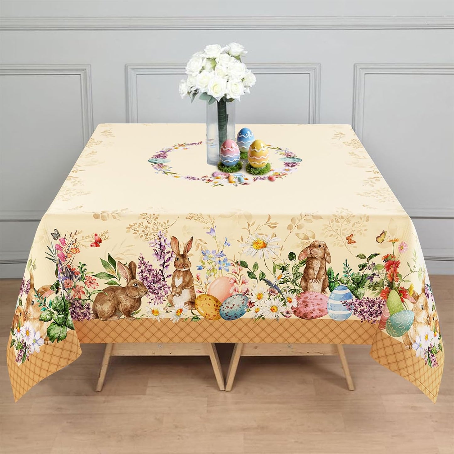 Mantel cuadrado de Pascua 60 x 60 pulgadas tela impermeable flores conejo