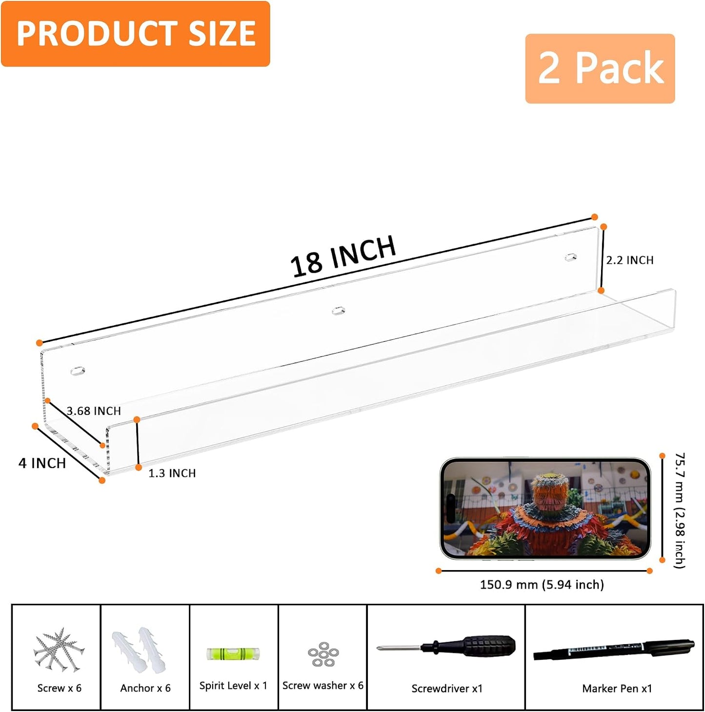 Estantería acrílica transparente 18" 2uds estantes flotantes