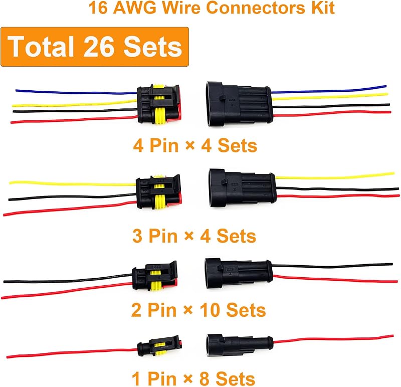 Conectores eléctricos 16 AWG 1/2/3/4 pines 26 kits