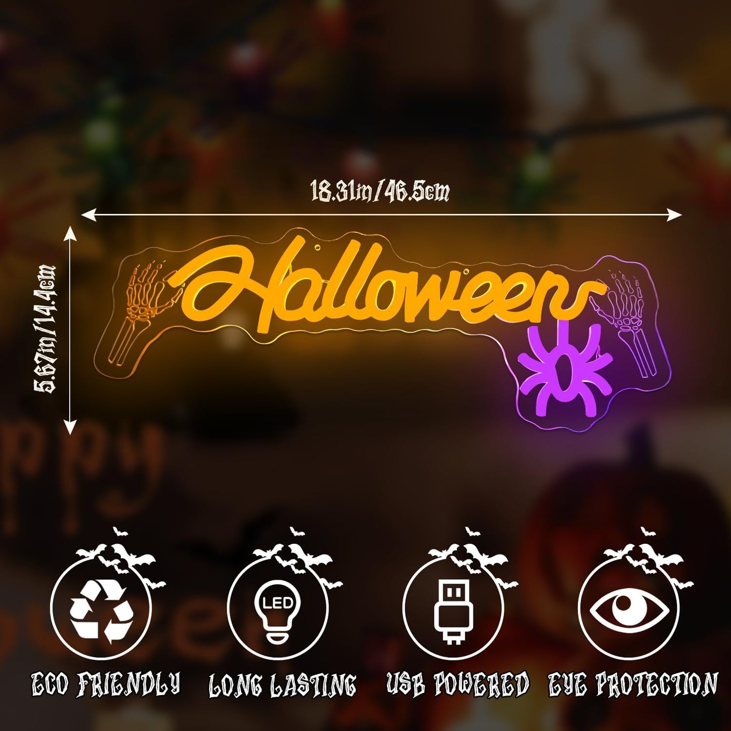Letrero neón Halloween con luces araña y calavera para pared