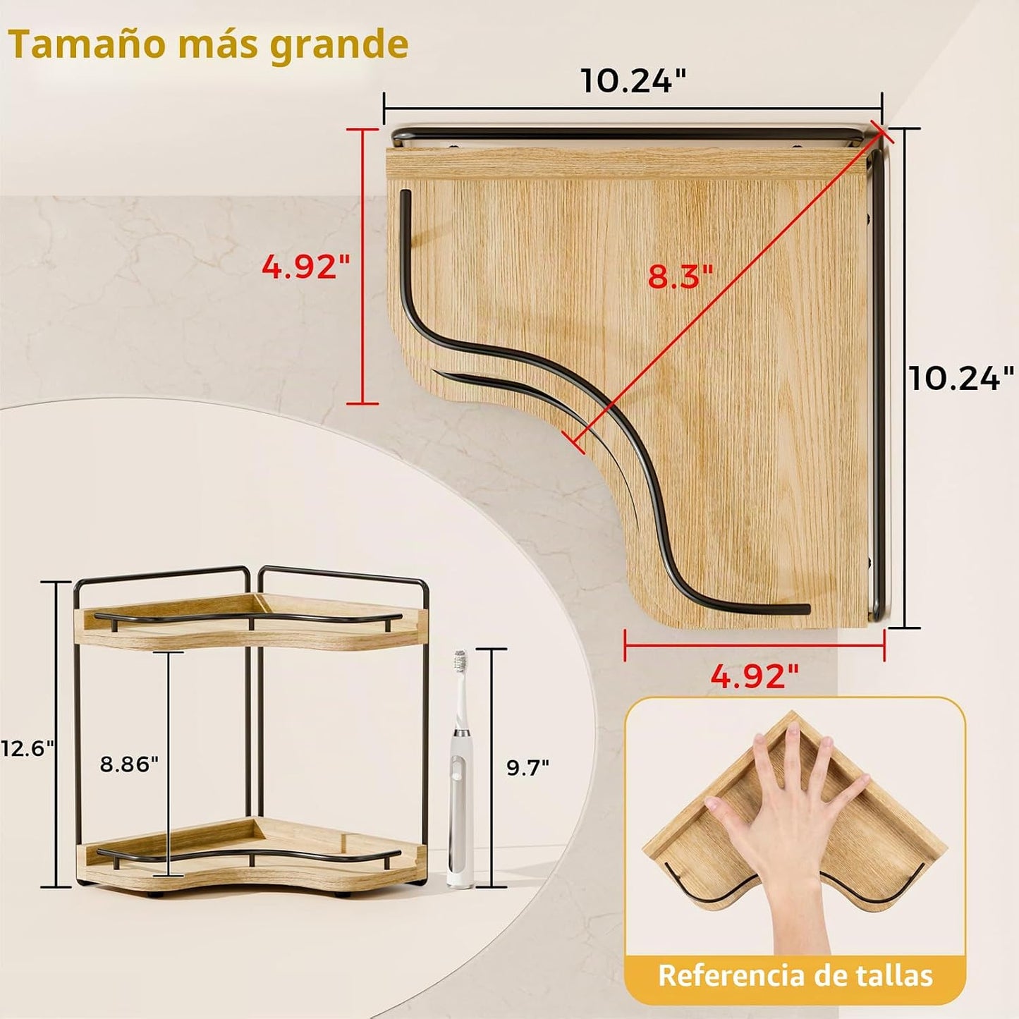 Organiz. esquinero baño 2 niveles madera clara