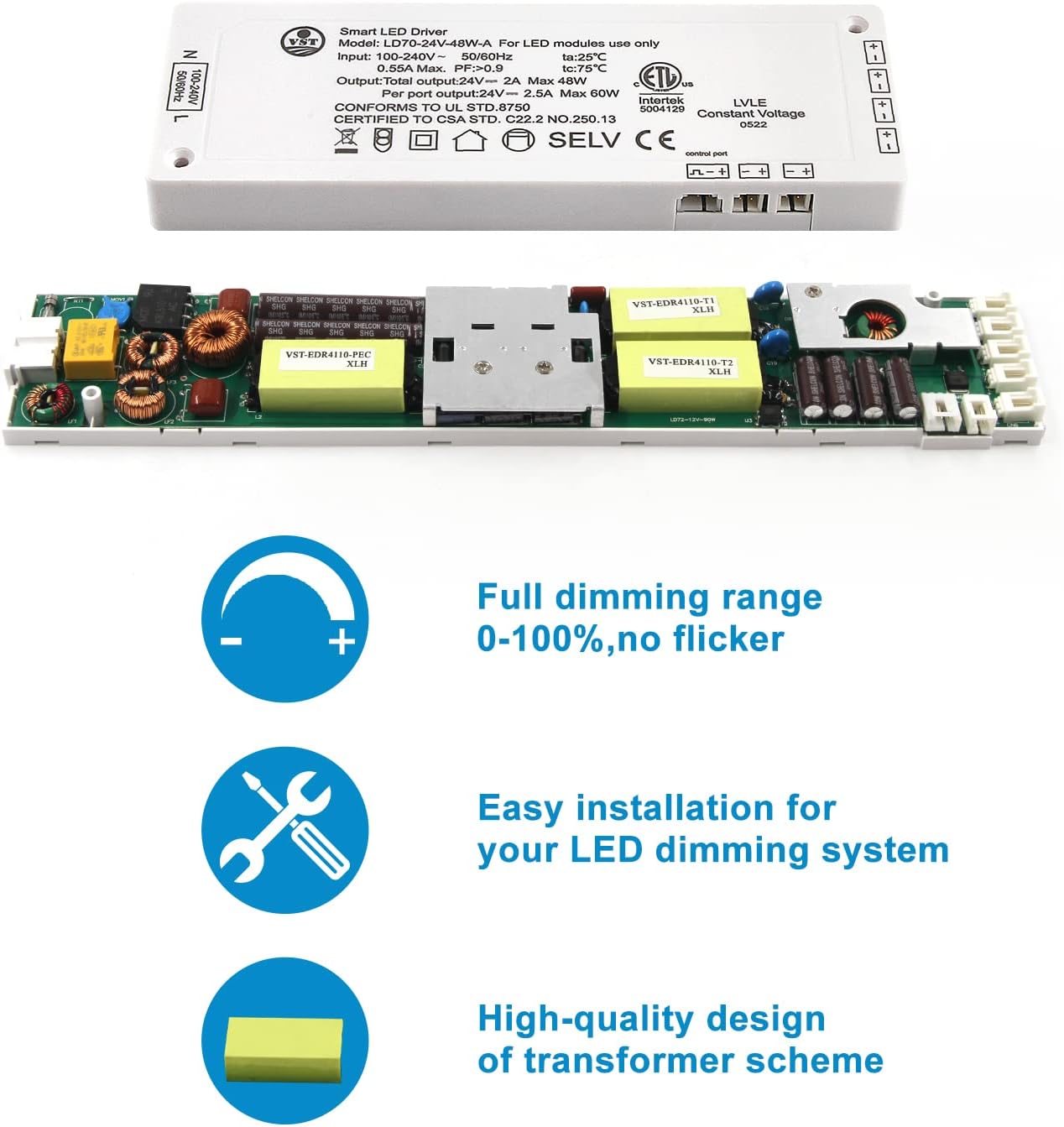 Transformador LED 24V 48W con puertos JST regulable blanco