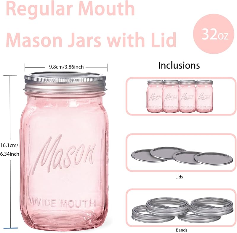 Frascos Mason Rosados 32oz Pack 12 Bocas Anchas